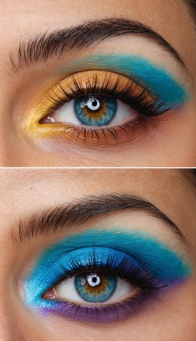 A vibrant sunset gradient eye look with warm tones fading into cool blues and purples, capturing the essence of a summer evening sky