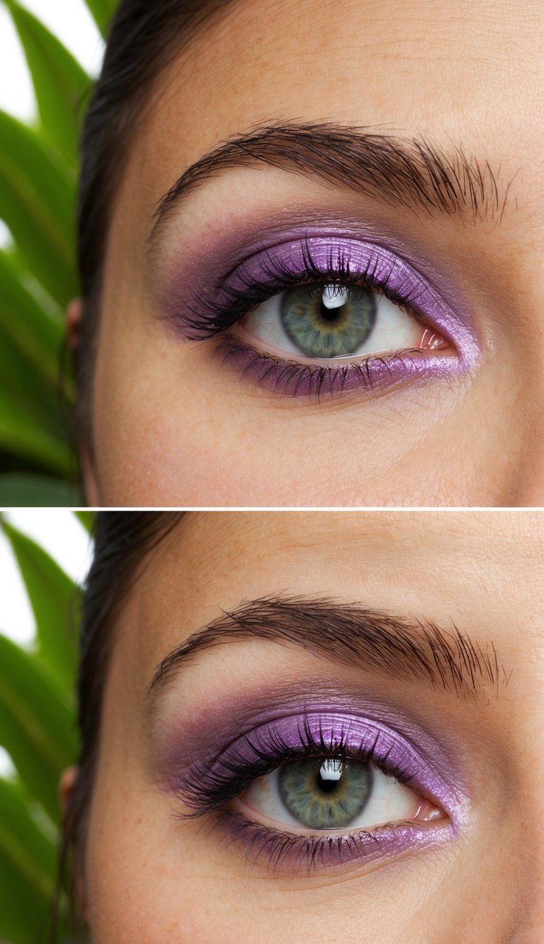 A close-up of an eye with a vibrant lilac eyeshadow in a lush, summery setting