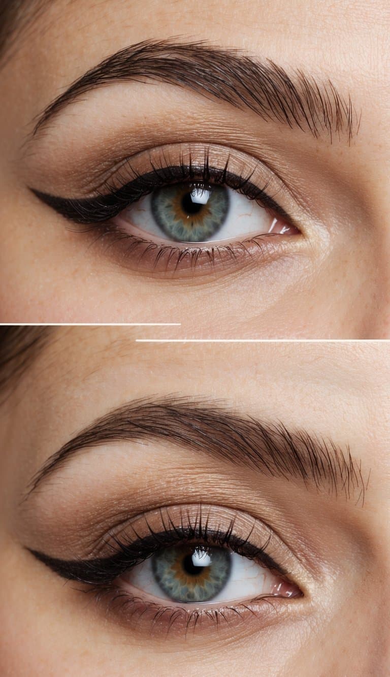 A close-up of an eye with soft brown eyeliner and subtle matte eyeshadow