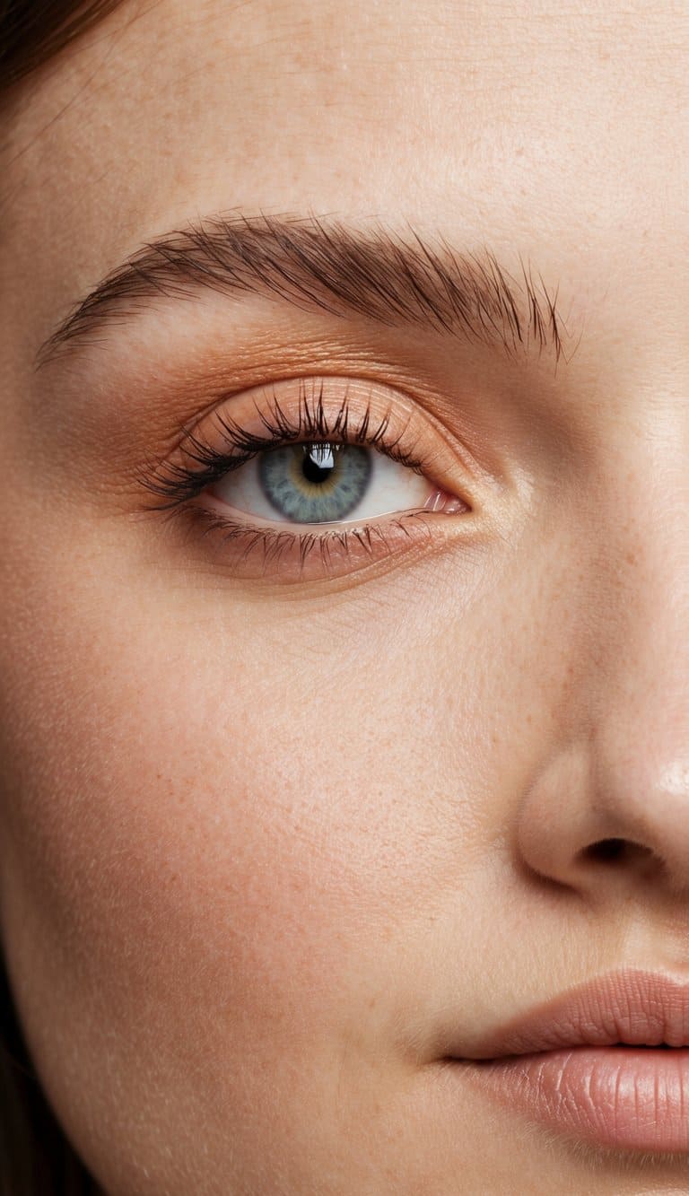 A close-up of an eye with subtle peach-toned eyeshadow and soft matte finish