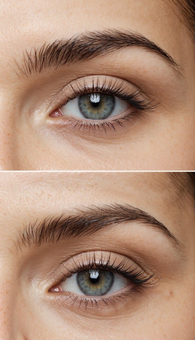 A close-up of a neutral-toned eye with soft matte beige eyeshadow, creating a minimal and natural look