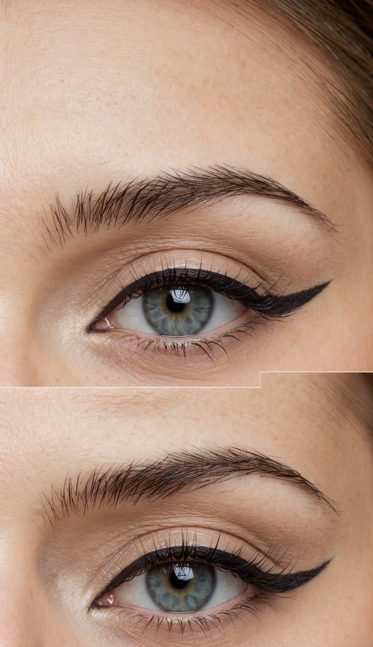 A close-up of a subtle cat eye makeup look with thin, precise lines and soft matte shades, creating a natural and minimal appearance