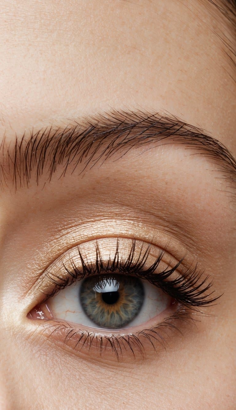 A close-up of an eye with champagne-colored eyeshadow in the inner corner, creating a subtle and natural look