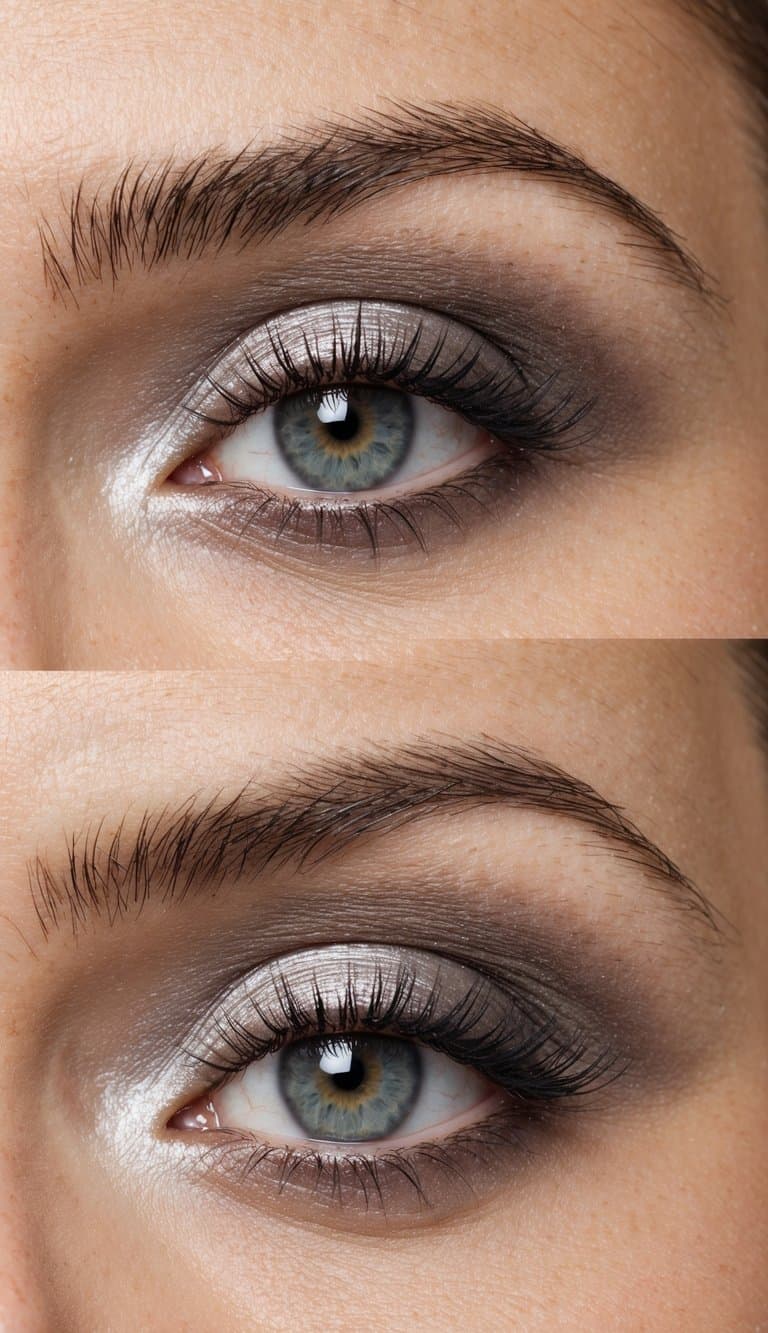 A close-up of an eyelid with a subtle silver taupe gradient eye makeup look