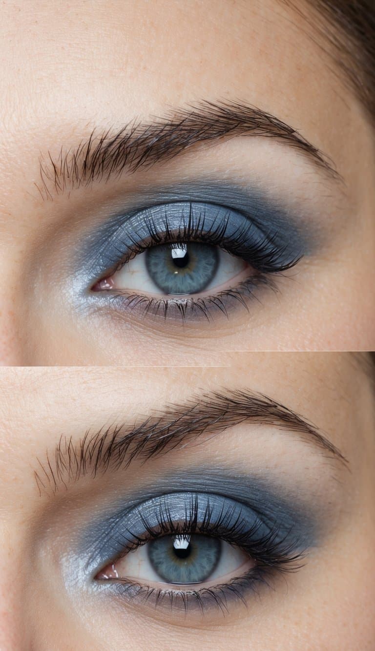 A close-up of a foggy blue smoky eye with subtle, natural-looking makeup