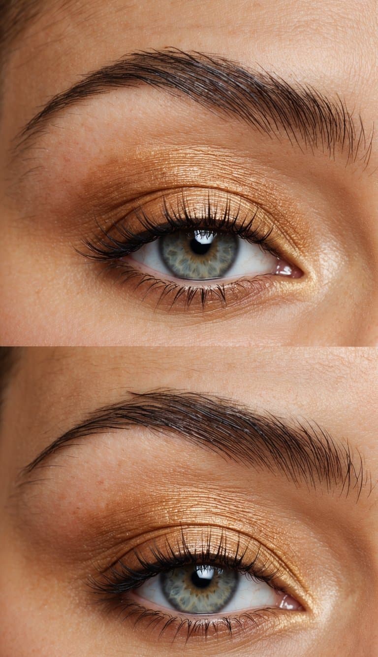 A close-up of an eyelid with a subtle, luminous sienna eyeshadow in soft matte finish