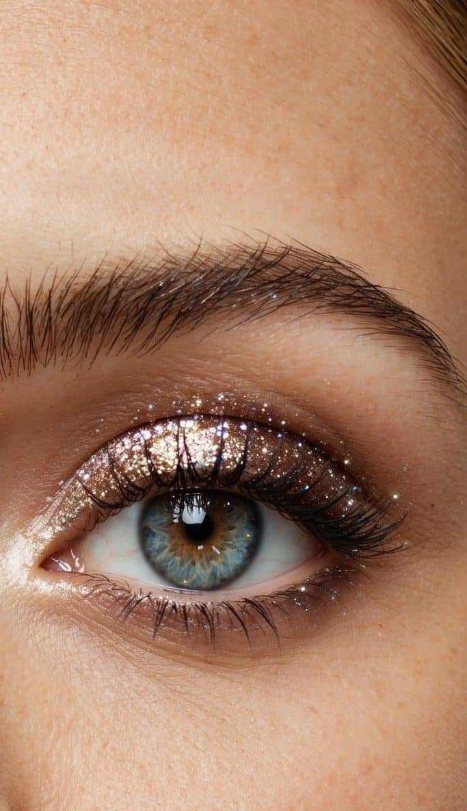 Elegant and refined glitter eye makeup on a closed eye, catching the light with subtle sparkle