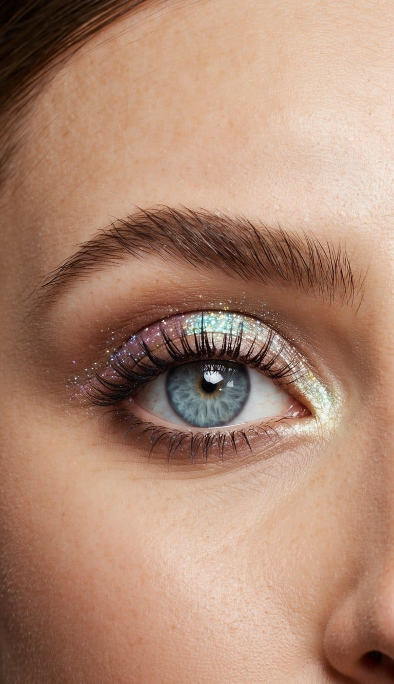 Opalescent moonlight casting a soft glow on elegant and refined glitter eye makeup