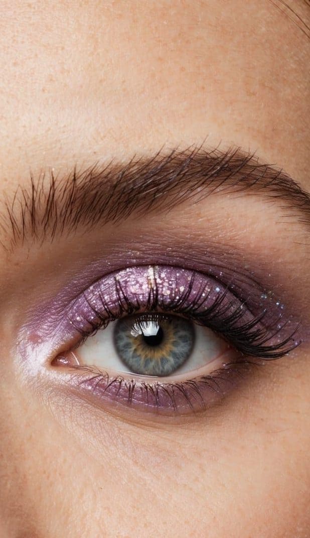 A close-up of an eye with lavender dust and subtle glitter, creating an elegant and refined makeup look