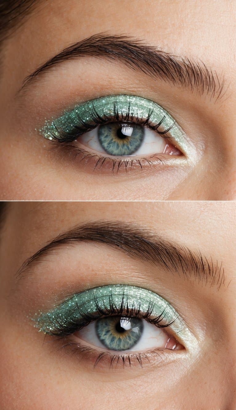 A close-up of an eye with subtle mint glitter makeup, shimmering in soft light