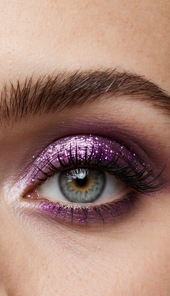 A close-up of an elegant eye with subtle violet glitter makeup, reflecting light and sophistication