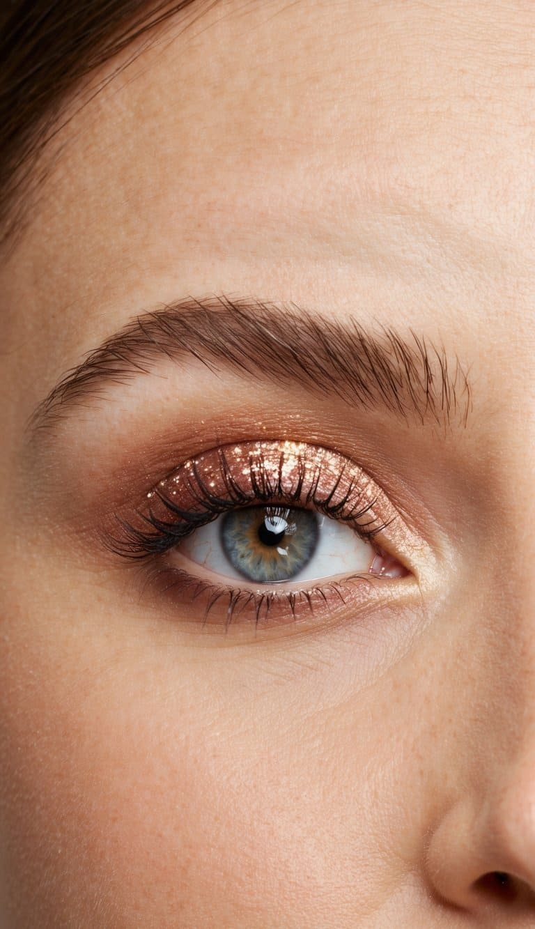A close-up of an eye with elegant and refined glitter makeup in autumn blush tones, glistening subtly in the light