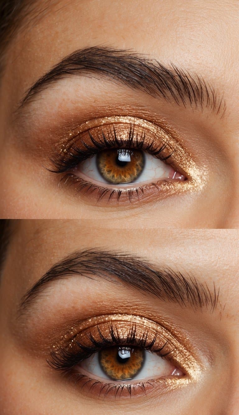 A copper-toned eye with subtle glitter catches the warm glow of candlelight, creating an elegant and refined makeup look