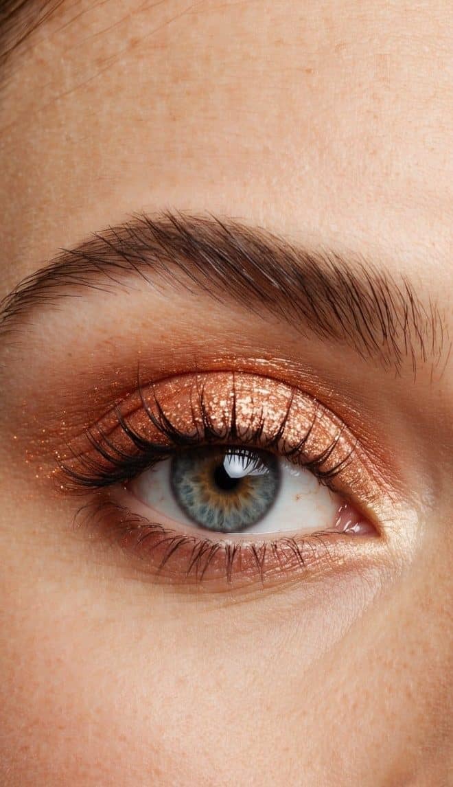 A close-up of a sparkling coral eyeshadow with a subtle glitter effect, creating an elegant and refined makeup look