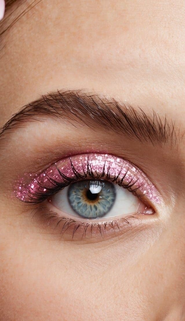 A close-up of a serene eye with subtle pink glitter, surrounded by an elegant and refined aura