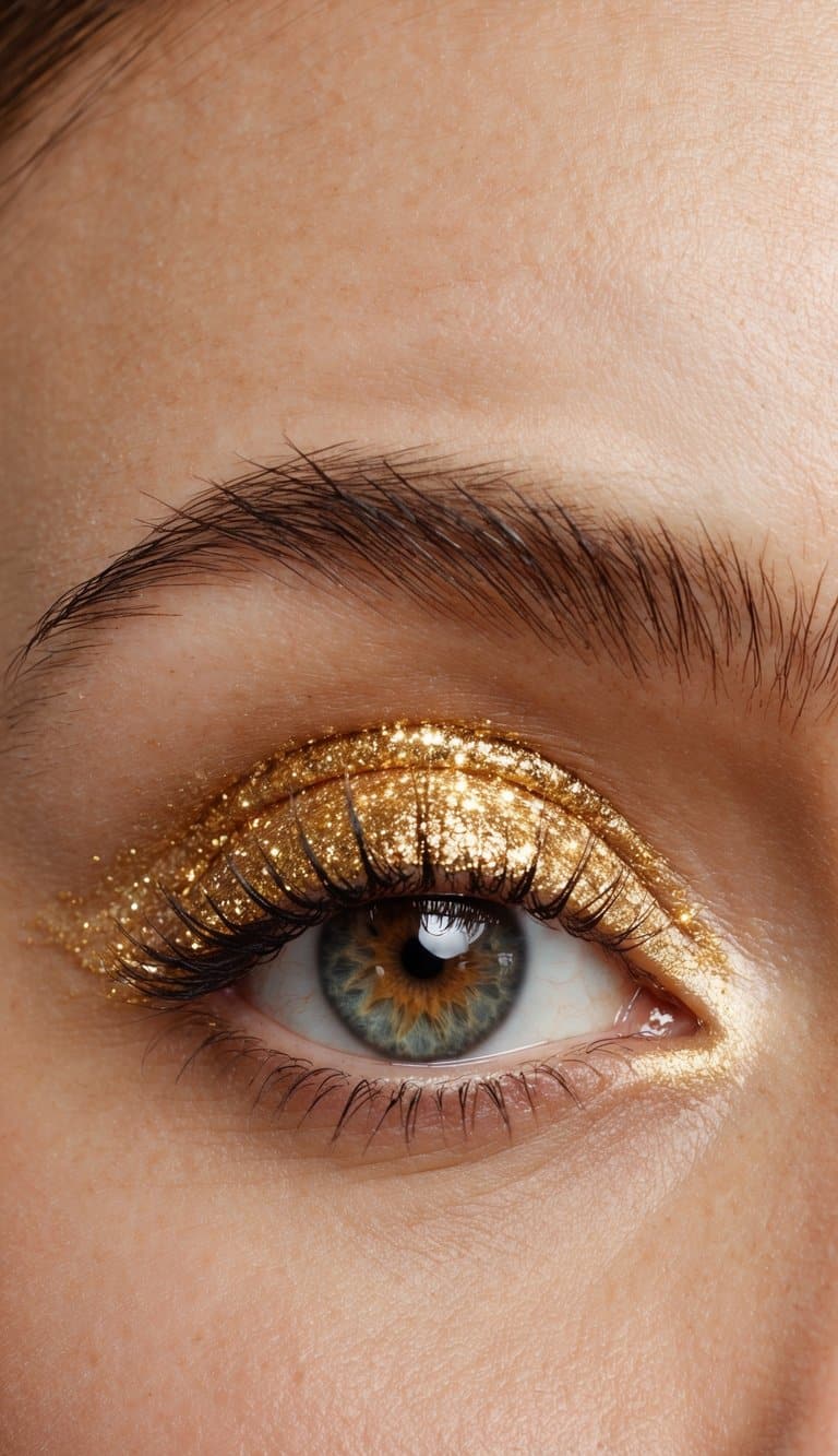 A close-up of an eye with subtle golden glitter eyeshadow, shimmering in soft light