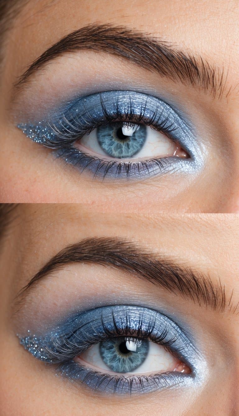 A close-up of a frosty blue eye with subtle glitter, elegant and refined