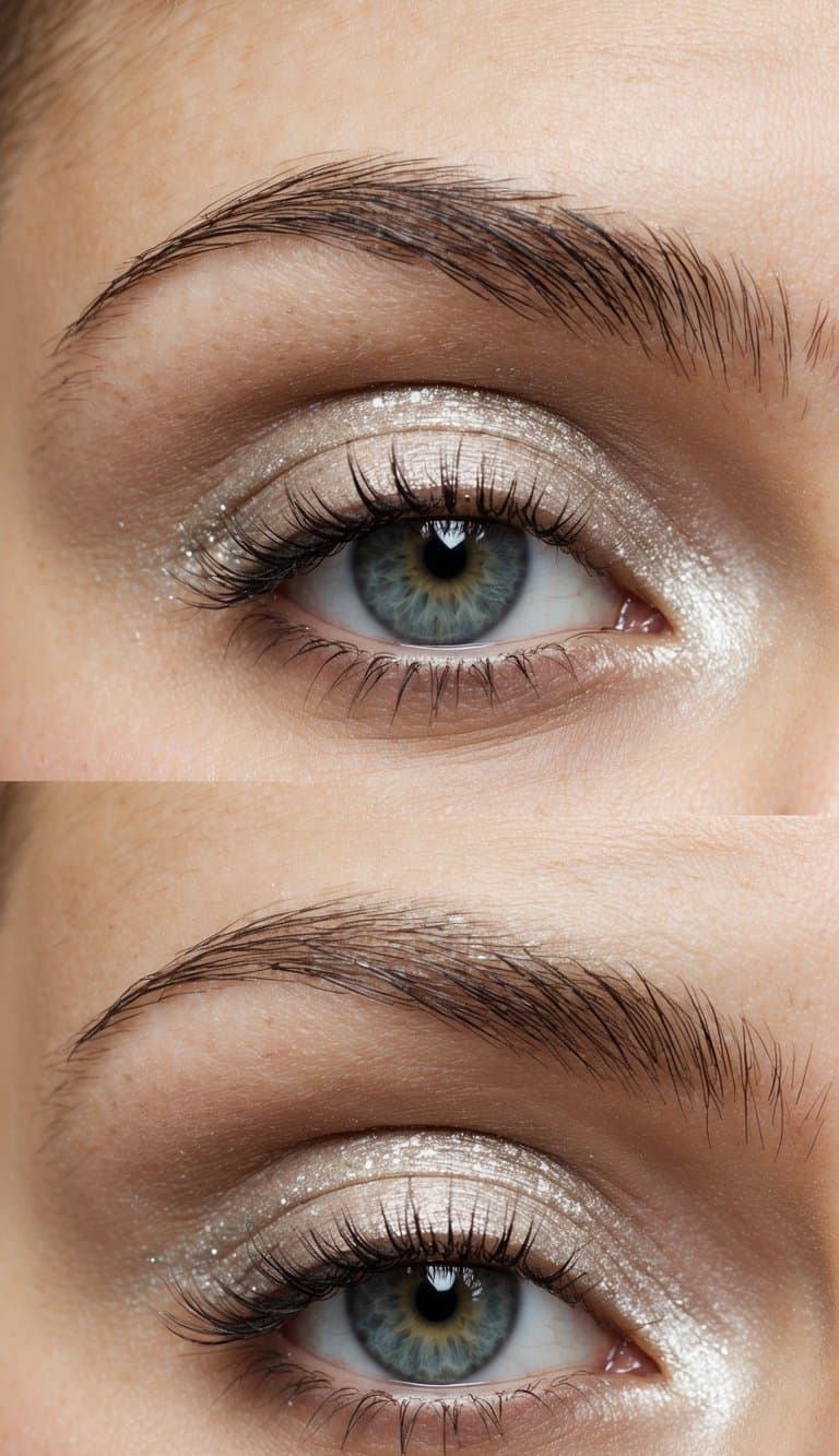 A close-up of an eyelid with delicate frosted shine and subtle glitter, creating an elegant and refined eye makeup look