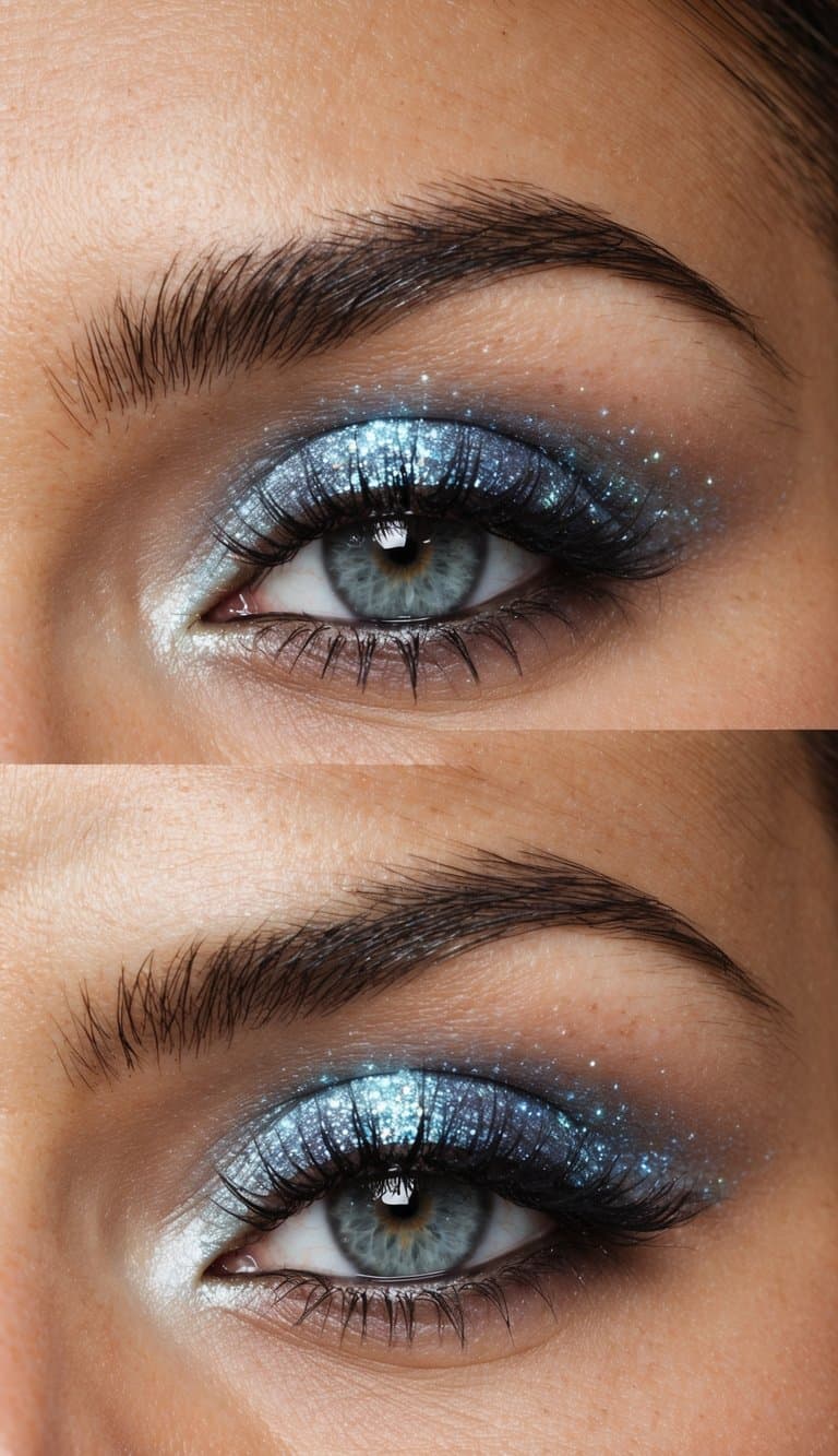 A close-up of a sparkling celestial quartz eye makeup look, with subtle glitter and refined elegance