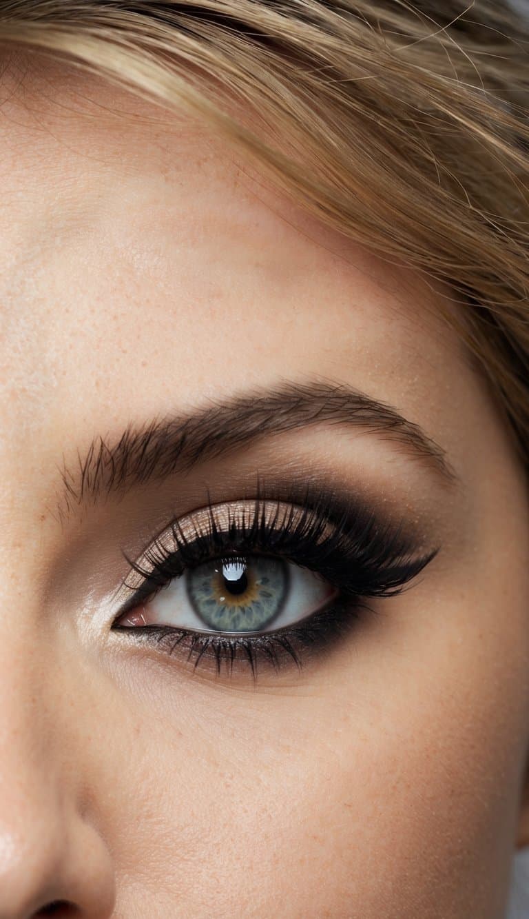 A close-up of a dramatic eye with bold lashes and vintage-inspired makeup, framed by soft, tousled hair
