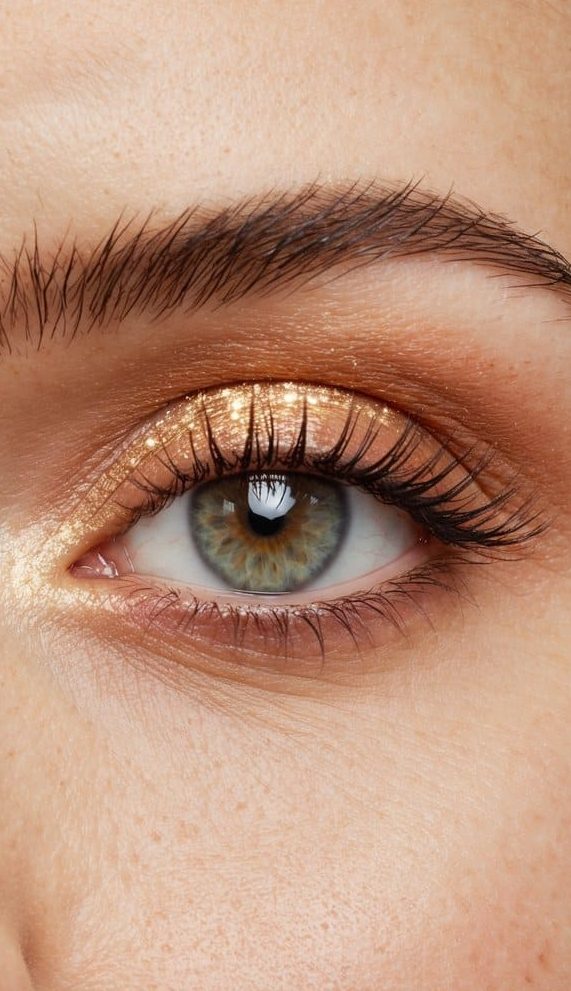 A close-up of an eyelid with a soft, shimmering melon-hued eye shadow and subtle glints of glitter