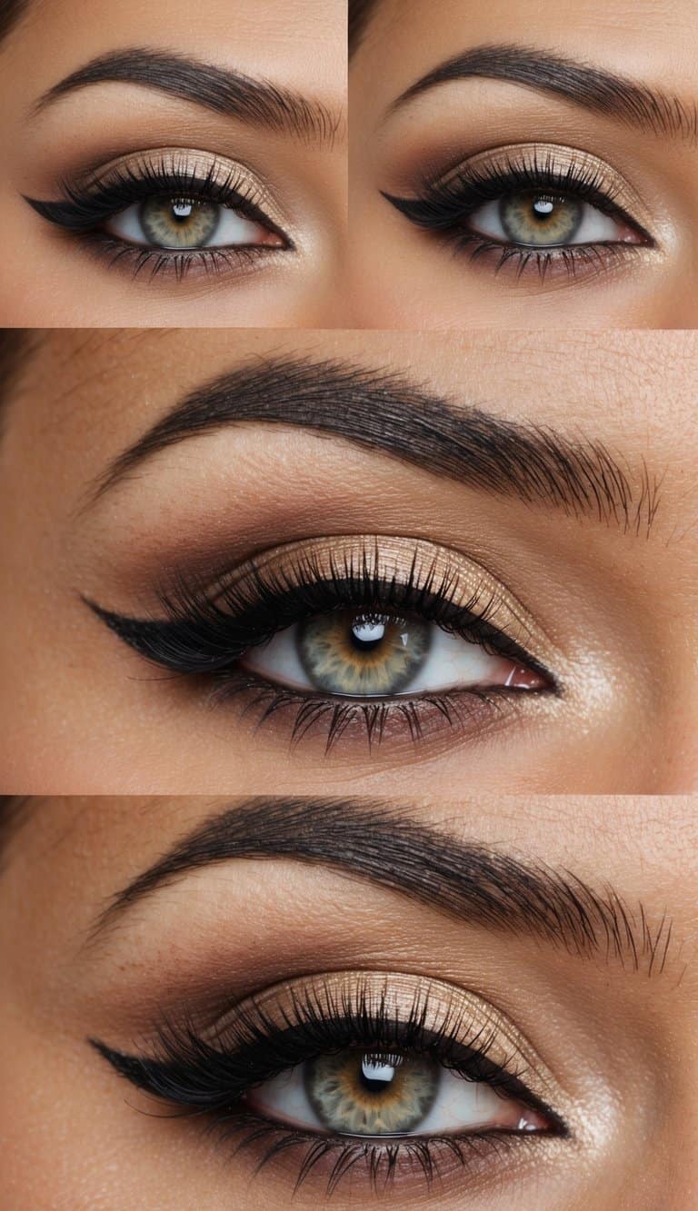 A vintage-inspired eye makeup look with a soft cat eye and bold lashes