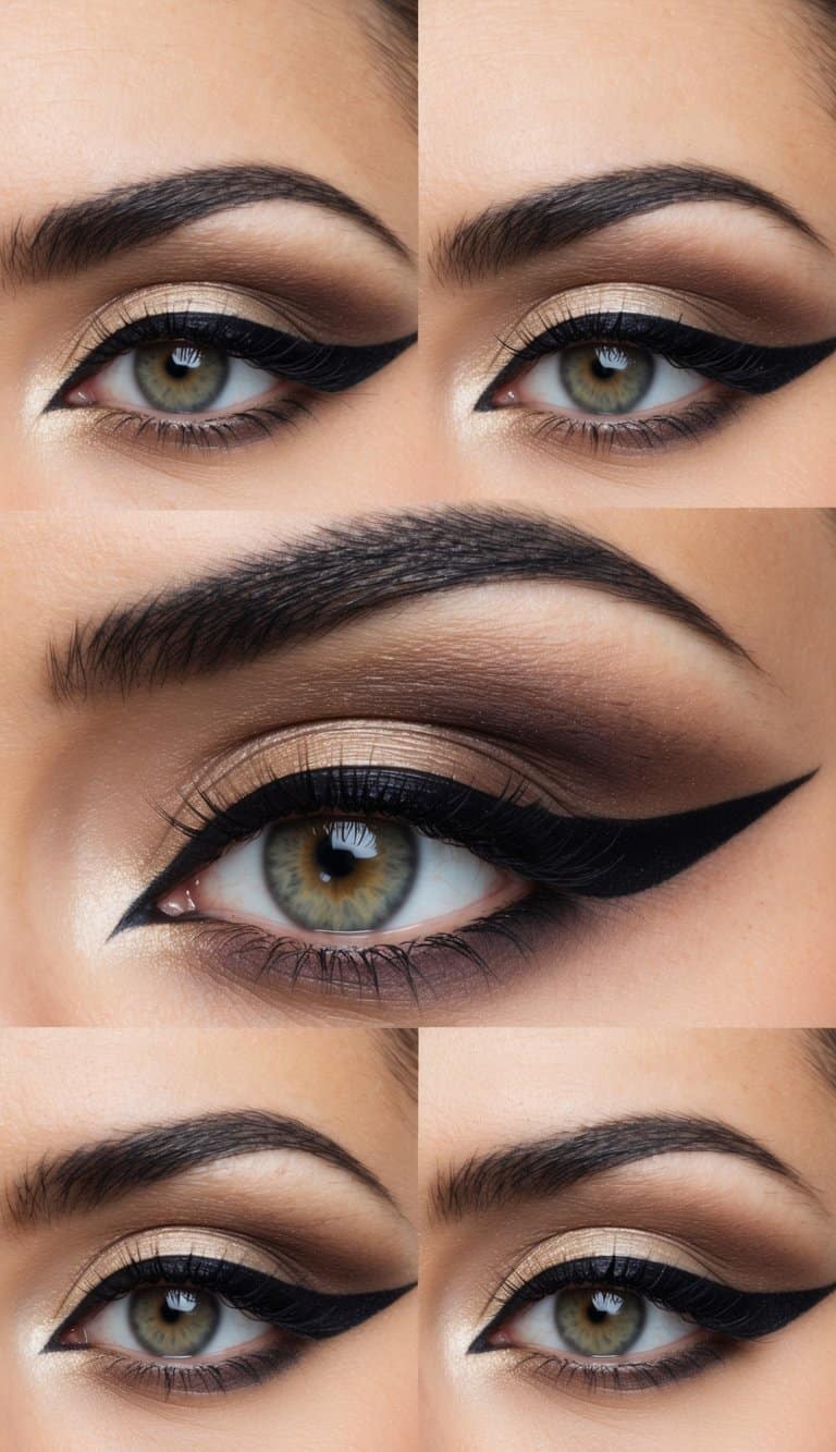 A sultry cat eye makeup look with bold eyeliner and defined winged edges, reminiscent of Sophia Loren's iconic vintage style