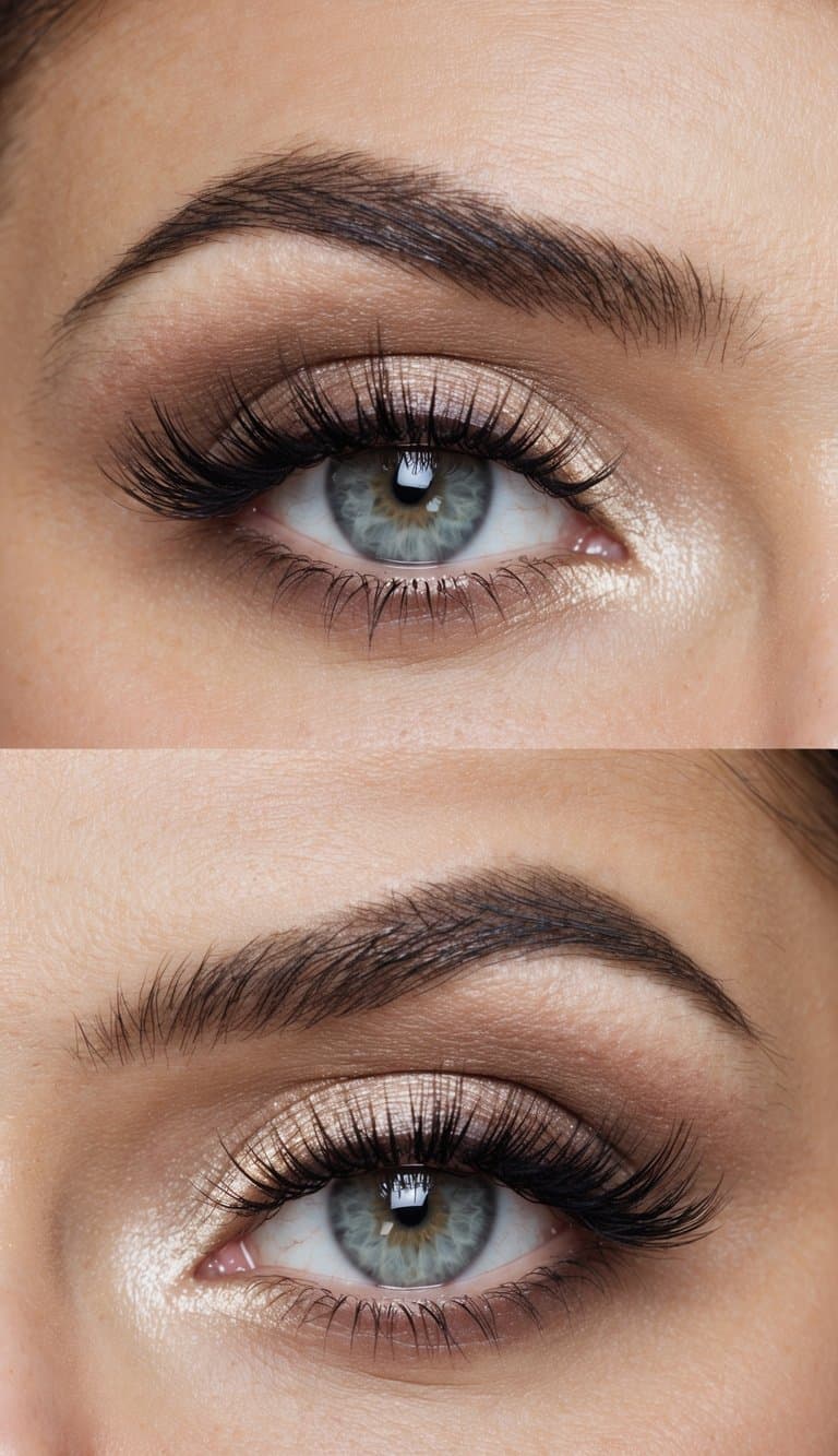 A close-up of a pair of eyes with romantic and elegant makeup, featuring soft, shimmery eyeshadow, defined eyeliner, and long, fluttery lashes