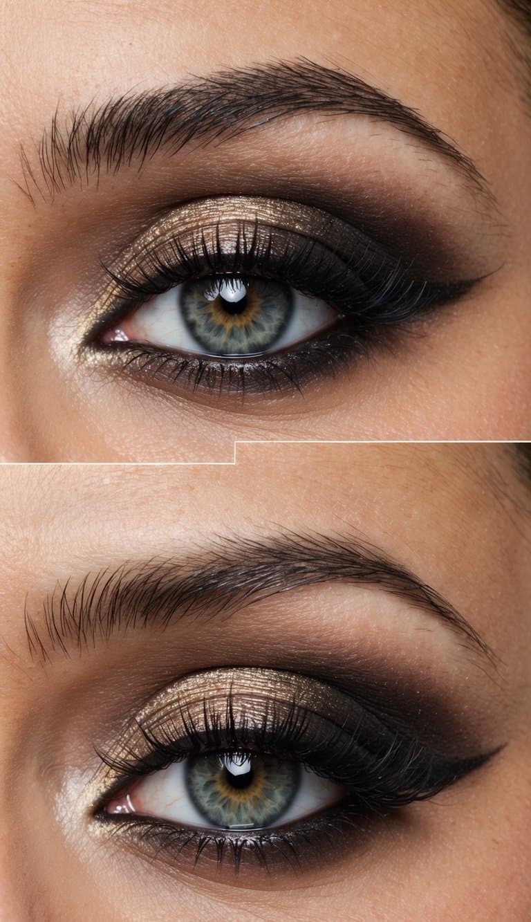 A close-up of a pair of eyes with a smoky eye makeup look, featuring a romantic and elegant twist for a 50th anniversary celebration