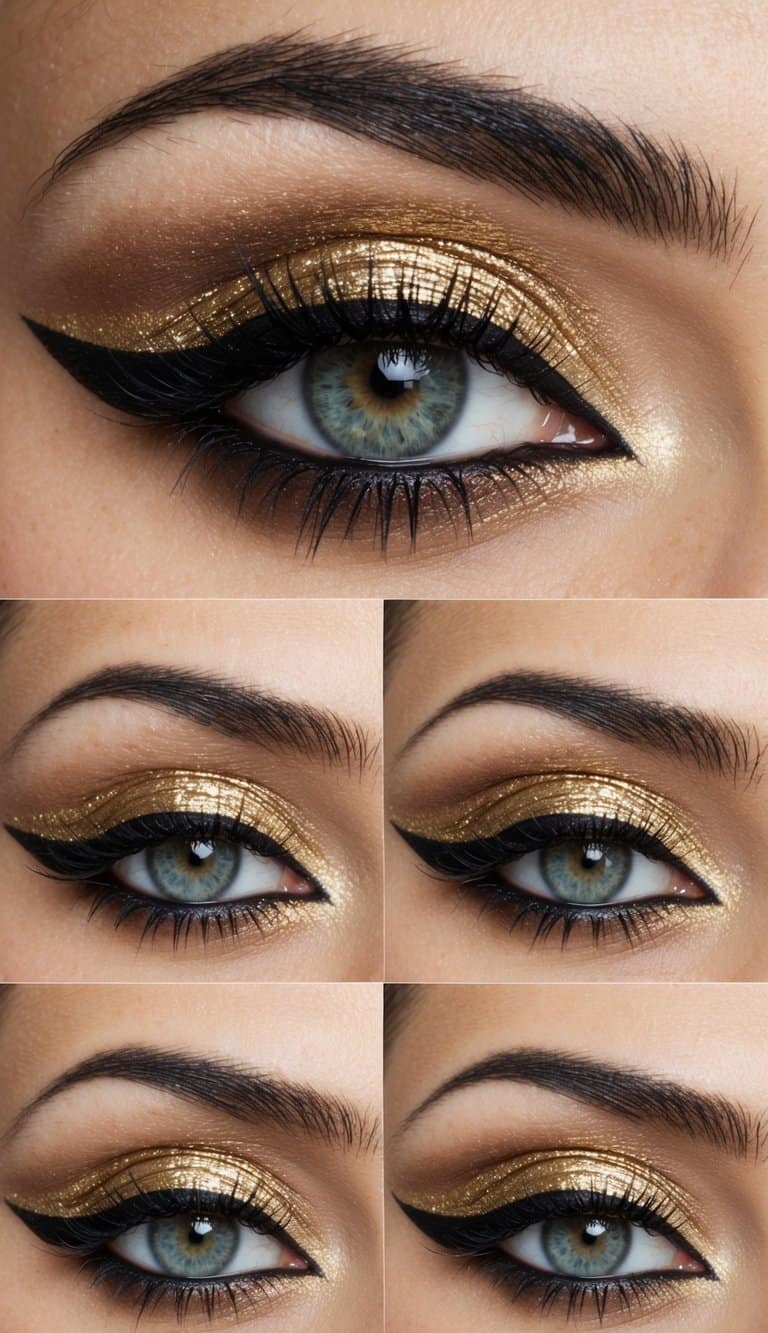 A close-up of a dramatic eye with bold eyeliner and shimmering gold eyeshadow, inspired by Elizabeth Taylor's iconic Cleopatra look