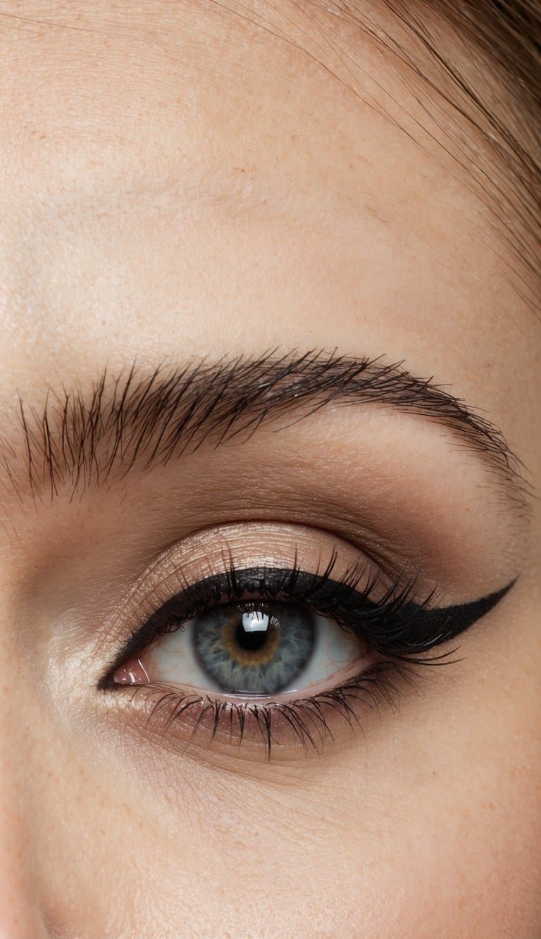 A close-up of a woman's eye with a subtle winged vintage-inspired eye makeup look, featuring bold eyeliner and soft, smoky shadows