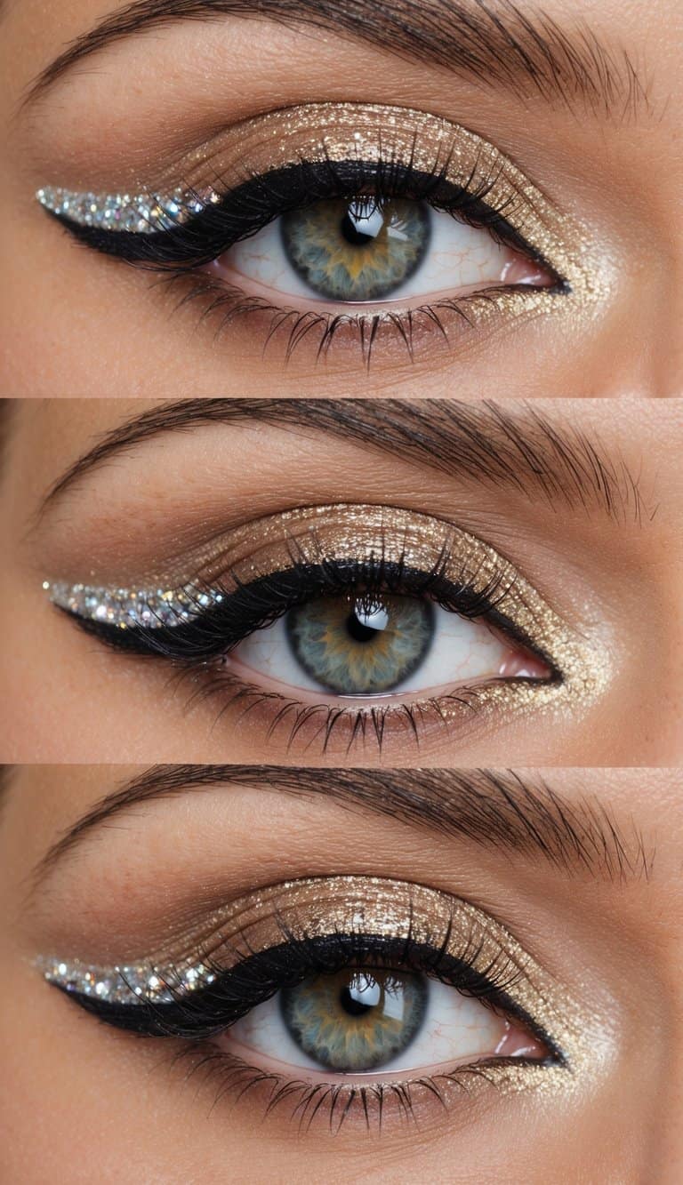 A close-up of an eye with shimmering glitter liner accents in a romantic and elegant makeup look for a 50th anniversary celebration