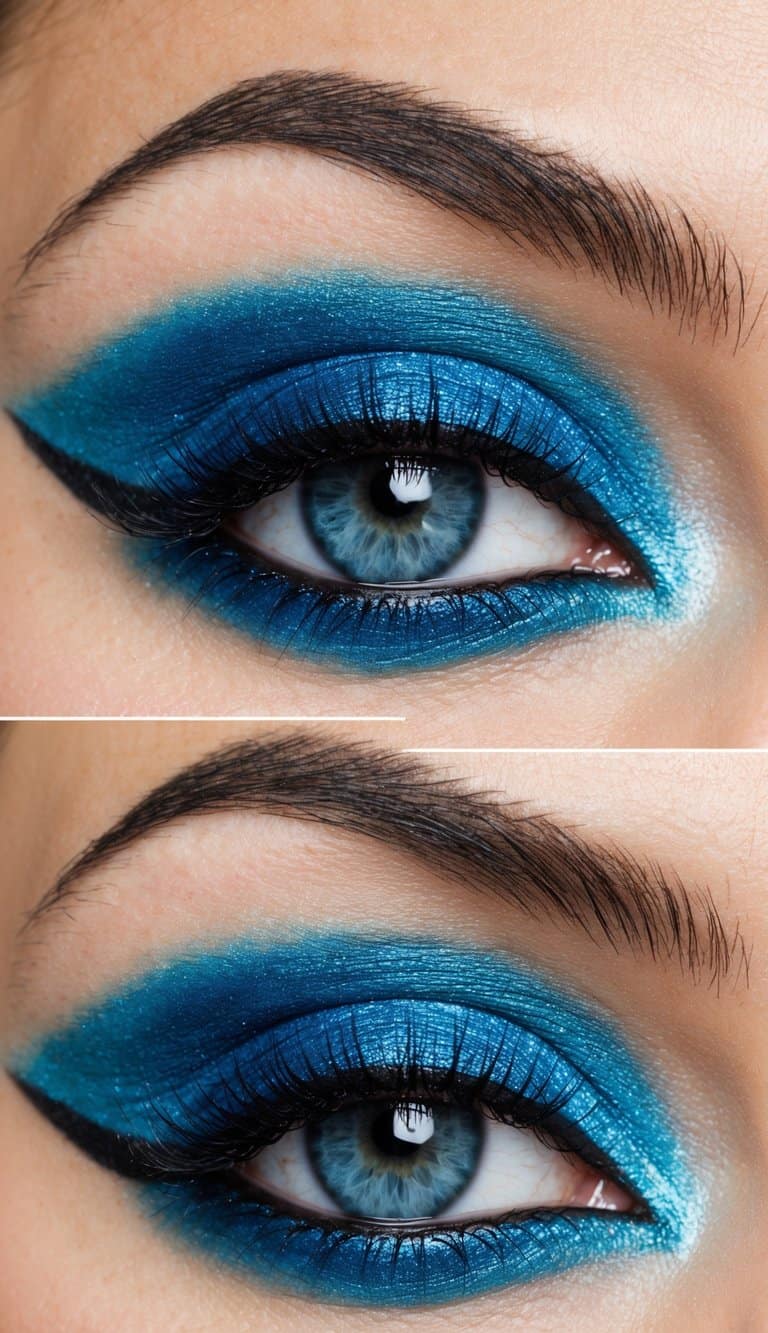 A close-up of a bold blue eye with shimmering eye shadow and delicate eyeliner, creating a romantic and elegant anniversary makeup look