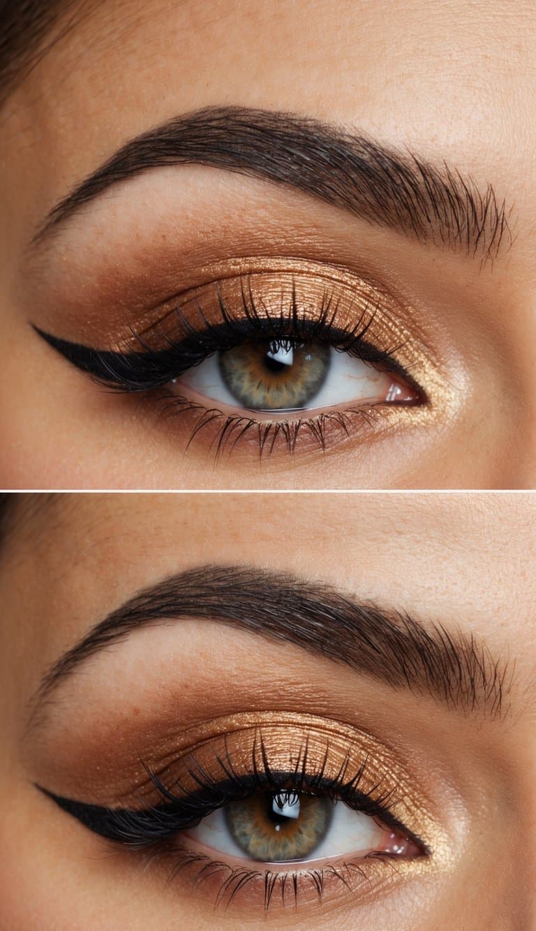 A close-up of warm bronze eye makeup with a romantic and elegant feel, featuring shimmering eyeshadow and defined eyeliner