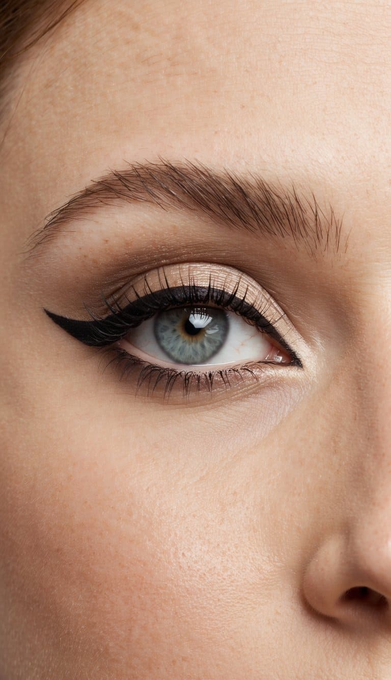 A vintage-inspired eye makeup look with barely there liner and subtle smoky shadow, creating a timeless and elegant appearance