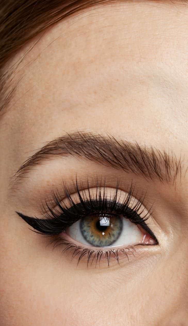 A close-up of a woman's eye with bold, winged eyeliner and voluminous lashes, reminiscent of Brigitte Bardot's iconic vintage look