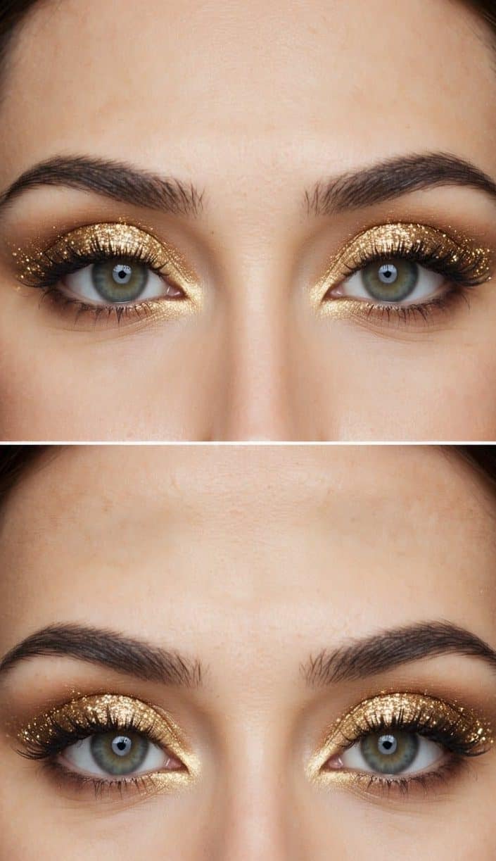 A close-up of a pair of elegant eyes adorned with glamorous gold sparkle eyeshadow, creating a romantic and sophisticated anniversary makeup look