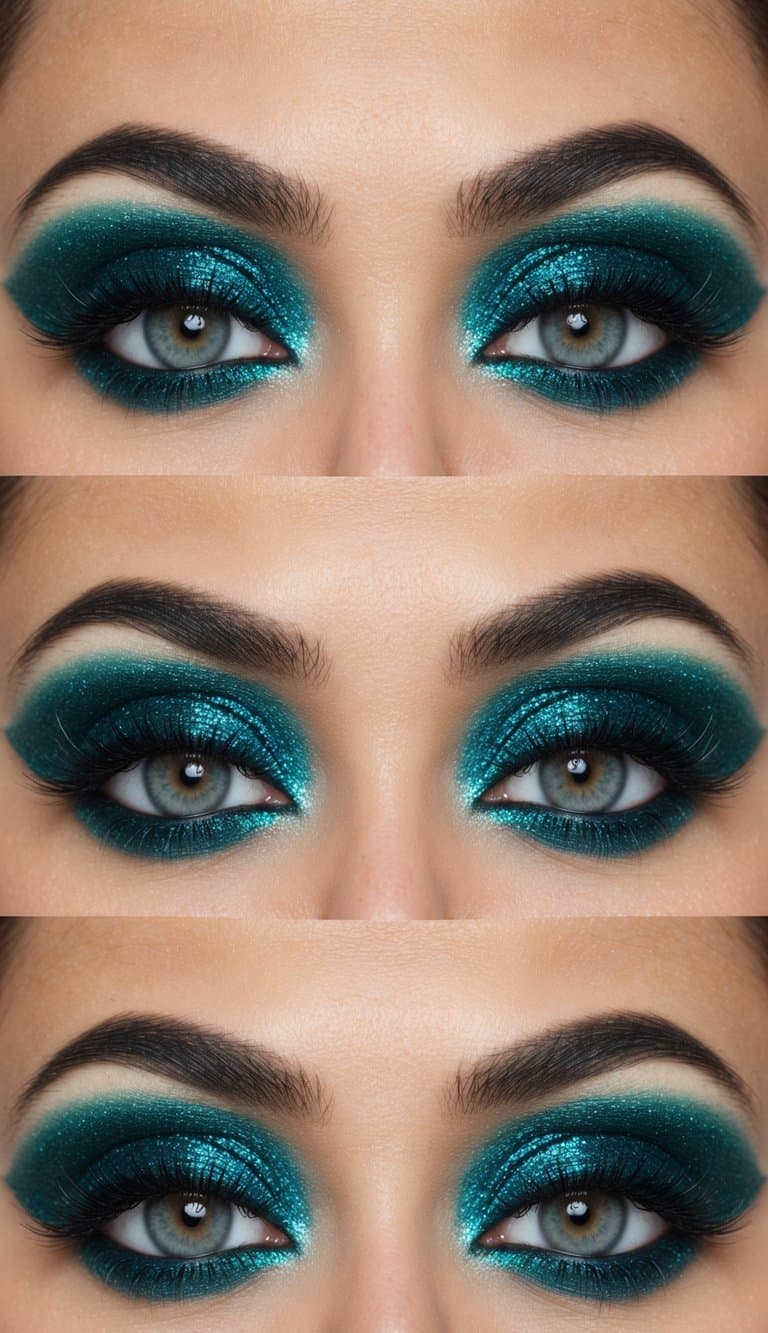 A peacock teal glitter eye makeup look with bold teal blue eyeshadow, shimmering and striking