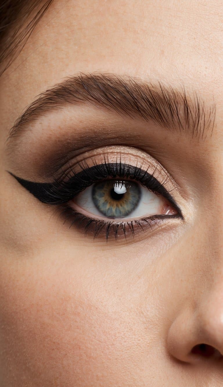 A close-up of a woman's eye with soft, smoky vintage-inspired makeup, featuring bold eyeliner and a subtle contour