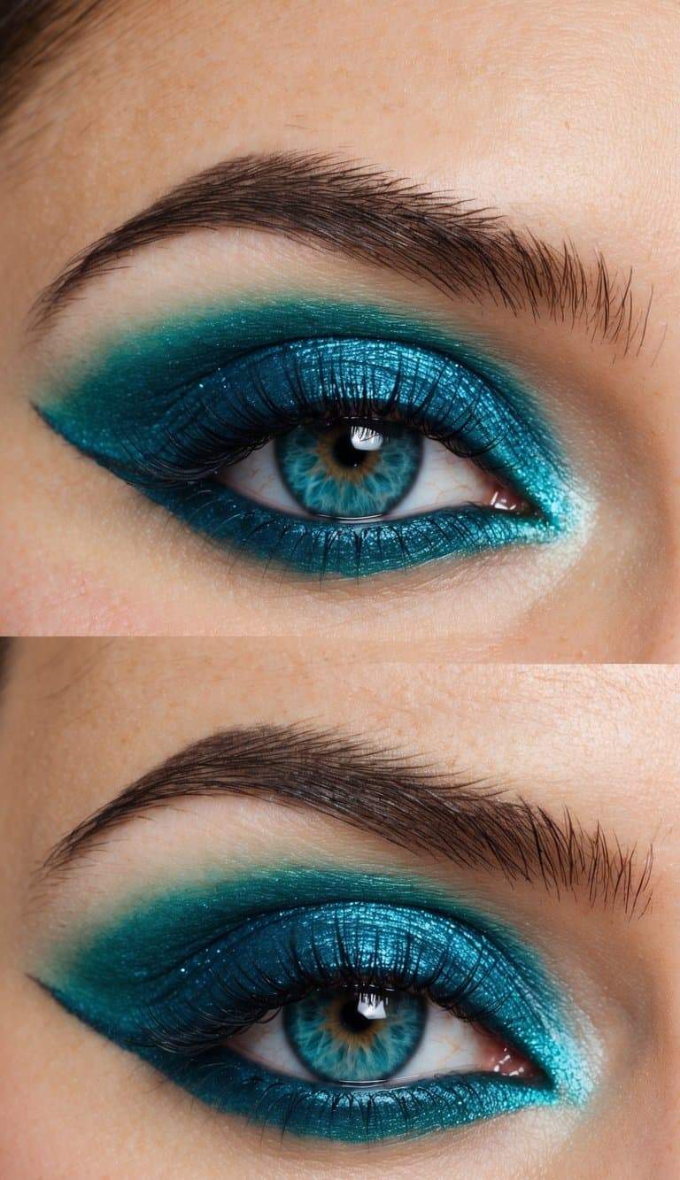 A close-up of a vibrant teal blue eye with shimmer and bold makeup
