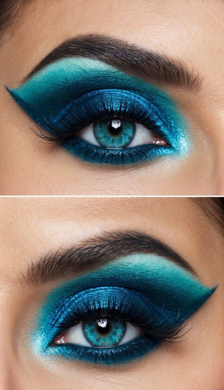 Vibrant teal blue eye makeup with shimmering sapphire wing