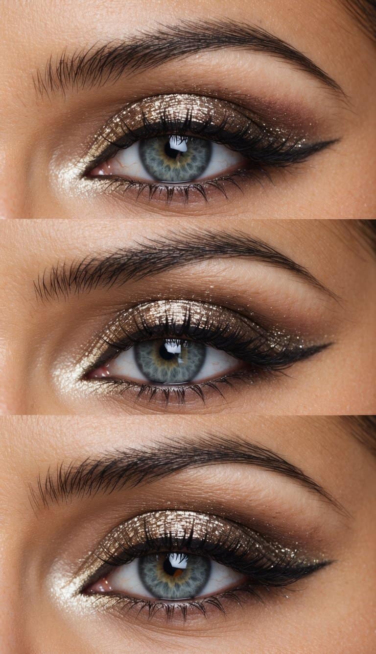 A close-up of a woman's eye with sparkling eye shadow in a vintage-inspired makeup look