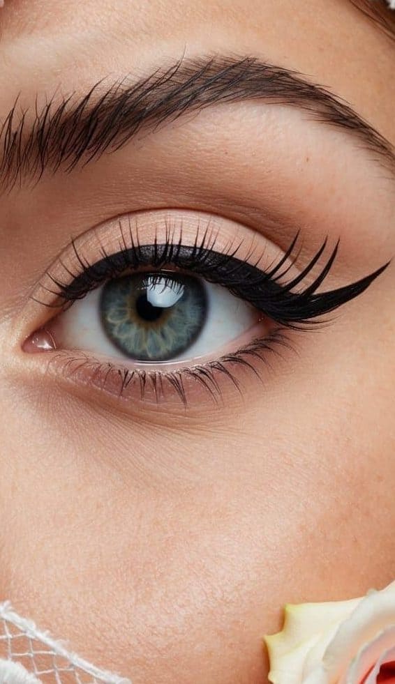 A woman's eye with retro winged liner, surrounded by romantic and elegant anniversary-themed elements like roses and lace