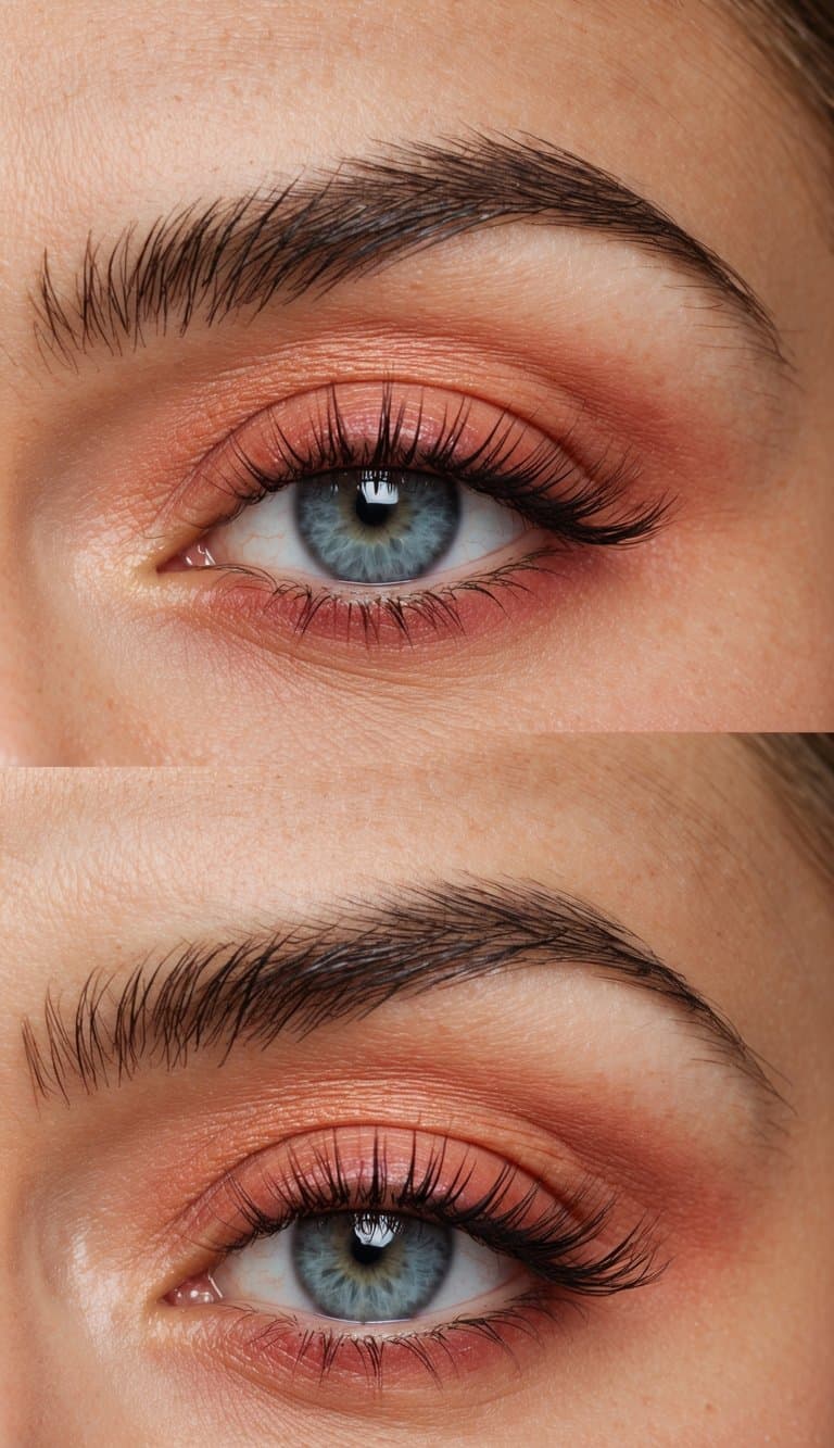 A close-up of coral eye makeup with soft, romantic lighting