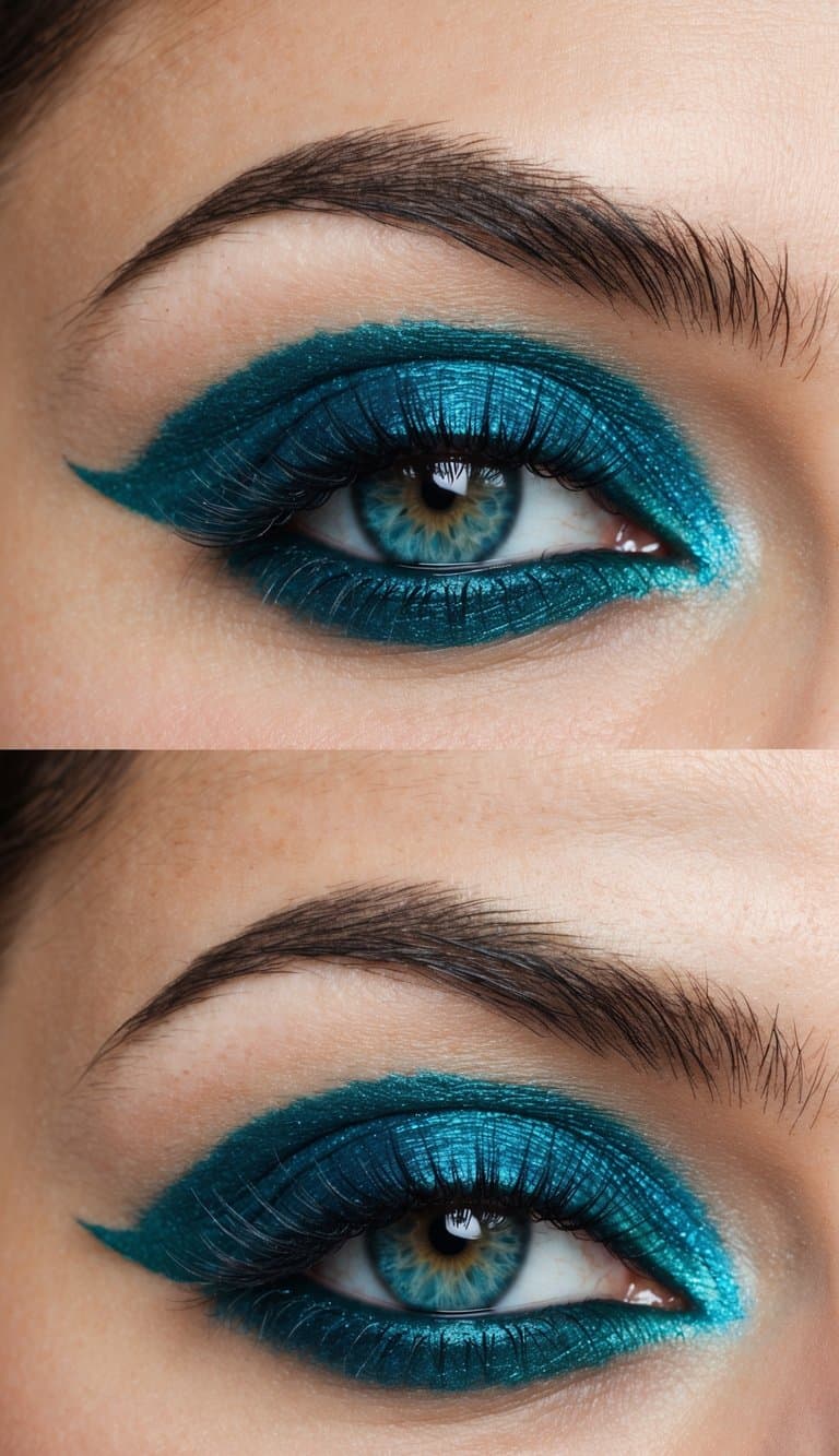 Striking teal blue eye makeup with shimmering halo effect