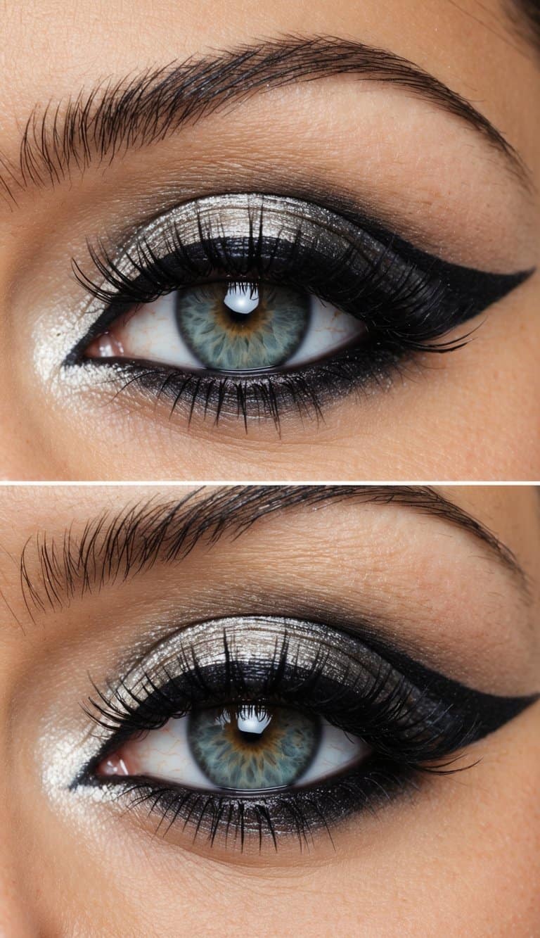 A close-up of a vintage-inspired eye makeup look with bold, dramatic eyeliner and shimmering eyeshadow
