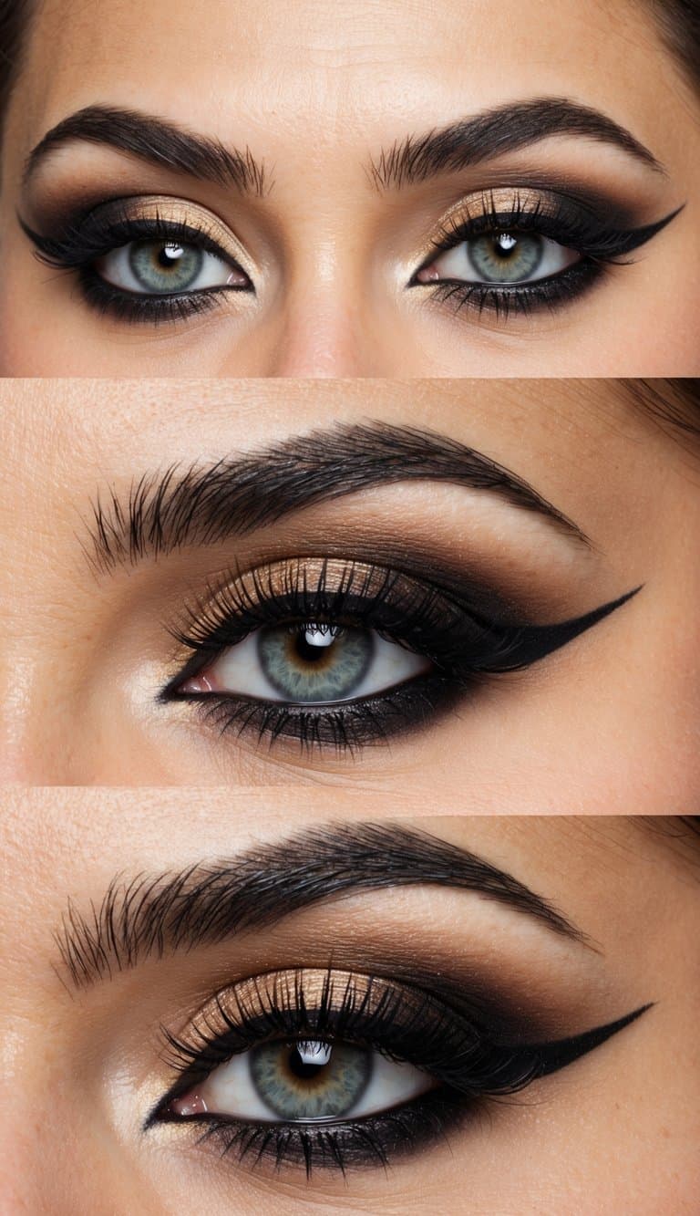 A close-up of bold, vintage-inspired eye makeup with defined brows and dramatic eyeliner