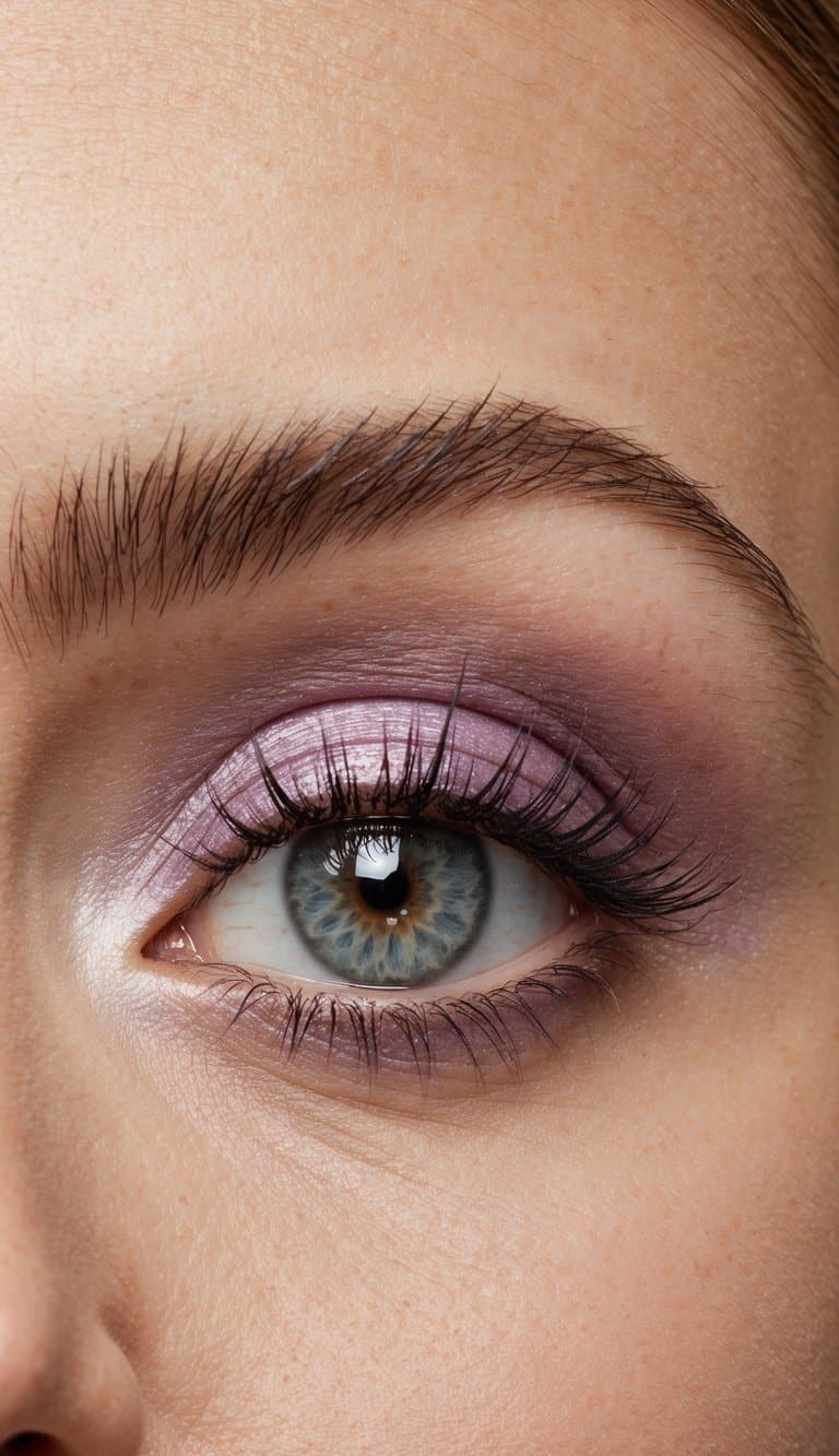 A soft, romantic lavender eye makeup look with delicate shimmer and elegant detailing