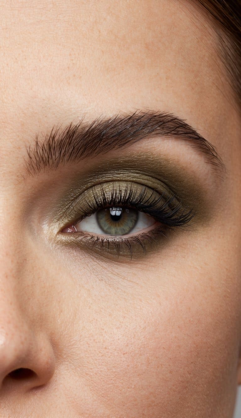 A close-up of a smoky olive green eye makeup look with soft, romantic and elegant features