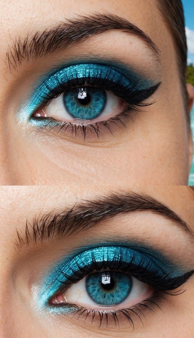 A close-up of a striking teal blue eye with shimmering eyeshadow and bold eyeliner, set against a dreamy lagoon backdrop